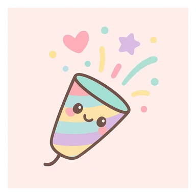 cute colorful party popper, cheerful, confetti bursting out, bright colors, simple background sticker