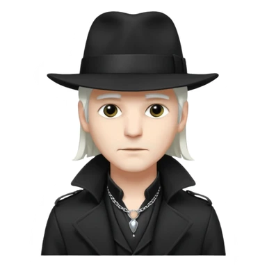 Male Goth with Fedora
 Sleek long hair, white skin, black trench coat, silver necklace visible under coat, white long hair sticker