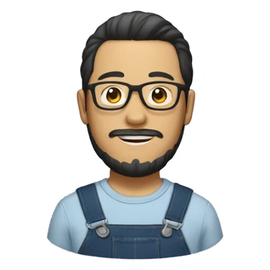 an Asian man with a beard and glasses, wearing an overall and a man bun sticker