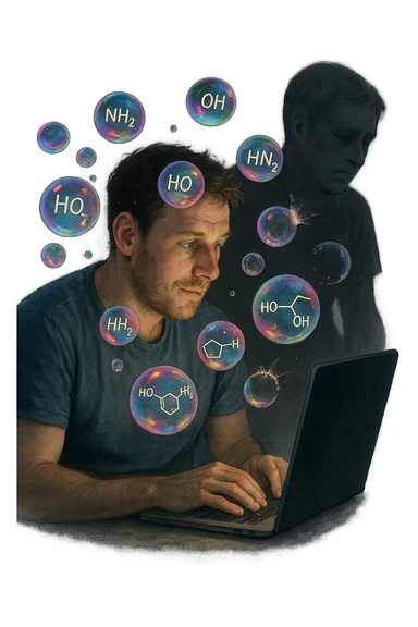 a man sits in front of a glowing screen, with colorful, artificial-looking dopamine molecules floating around his head like soap bubbles. Some bubbles pop and disappear quickly, symbolizing fleeting pleasure. In the background, a shadowy version of the man looks unsatisfied or empty, highlighting the temporary nature of the gratification. realistica con persone vere sticker