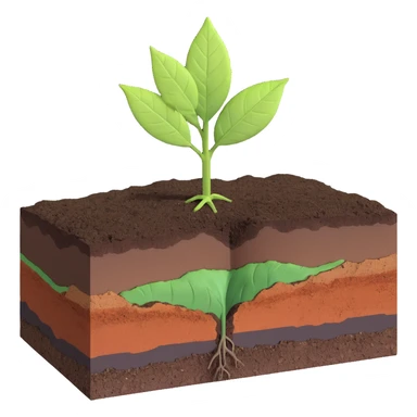 A fresh green leaf resting on the surface of a cross-section of the Earth, where soil and underground layers are visible beneath. Natural lighting, realistic textures. sticker