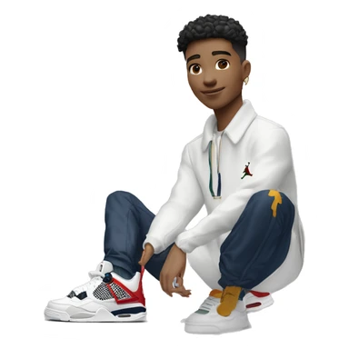 Jeune garçon clair de peau avec un taper des Jordan 4 un outfit américain des bijoux pour homme et u e sacoche Lacoste  sticker