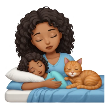 sleeping pretty black wavey hair girl in the bed, her cat is working instead of her sticker