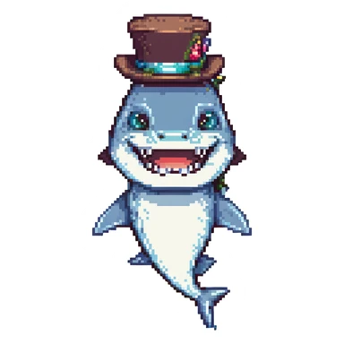 pixel art shark in a tophat, smiling sticker