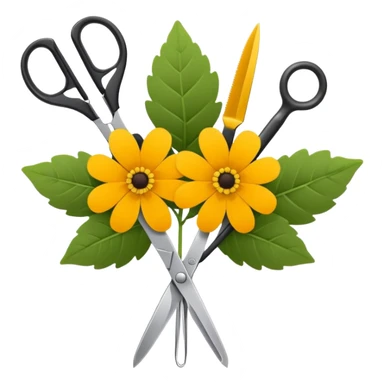 Minimalistic flat vector icon, iOS style, thin black contour on white background. Flower bouquet with leaves and scissors. No text, no shadows. sticker