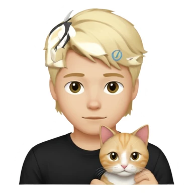 sexy boy with blond kudrnatými hair and black t-shirt with cat  sticker