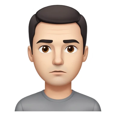 Professional man with square face, defined jawline, full cheeks, overtly skeptical expression, medium brown eyes with paranoid look, prominent eyebrows raised, wide nose, lips pressed together suspiciously, short dark hair, wearing a gray shirt sticker