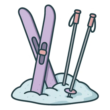 cross-country skis and poles on the sides, stuck at an angle into a snowdrift, with visible snow texture and soft shadows, detailed shading, thin clean outlines, soft rounded features, pastel palette #98B5BC #B5B3C1 #C9A3C9 #E4C0CA #F7DCD1 #F7C0AA, Japanese pop art, sticker look, highly detailed, vector clarity, soft lighting, subtle shadows, transparent background sticker