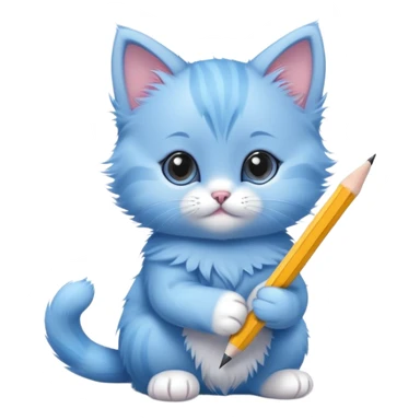 A cute blue kitten holding a pencil in its paw, writing something. The kitten has an adorable expression and is focused on the task. Minimalist, modern design with a playful and charming vibe. sticker