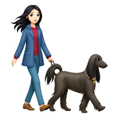A girl with long black hair walking an Afghan hound sticker