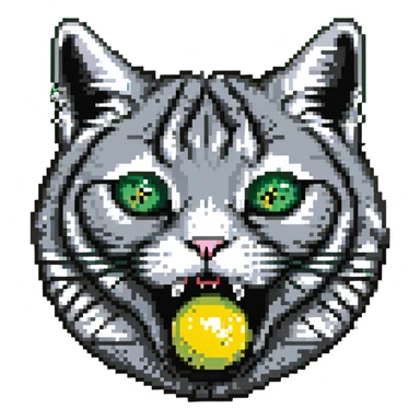 gray cat head with black stripes, large green eyes, big black pupils, mouth open, small solid yellow ball in mouth sticker