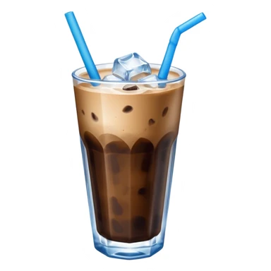 cold coffee emoji, clear glass with dark coffee, ice, and a blue straw sticker