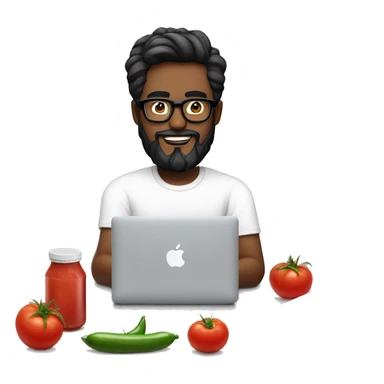 Designer with black hair, white skin, beard and glasses working with MacBook and tomato ketchup sticker