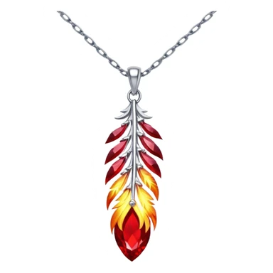 ruby pendant shaped like a phoenix feather, glowing with fiery energy, silver chain undulating magically sticker