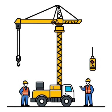 3 mechanics guys standing & chatting around a crane sticker
