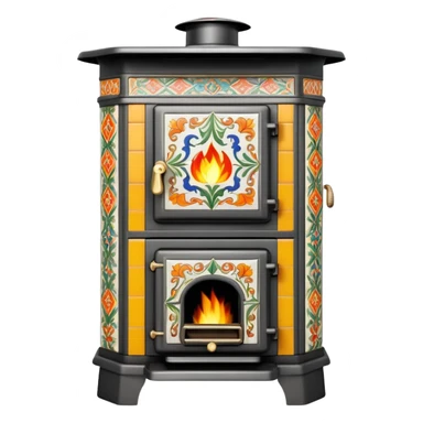 Ornamental European coal stove from the 1900s with ceramic tile decorations, tall design with metal door and coal burning inside sticker