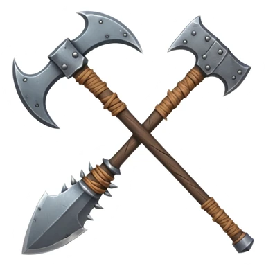 savage barbarian axe object icon, spiked double blade, battle-worn metal, scratches, heavy fantasy weapon, 3D cartoon, mobile game icon style, centered, clean background, no text, no watermark sticker
