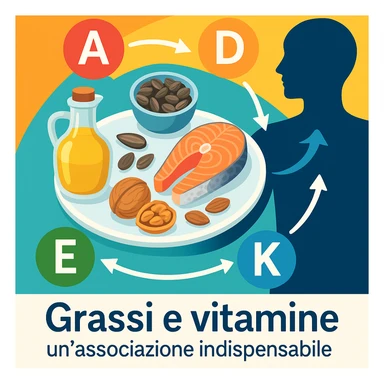 modern infographic with plate containing good fats oil, seeds, fish, nuts and icons of vitamins A, D, E, K being absorbed, arrows showing process, Italian caption 'Grassi e vitamine: un’associazione indispensabile', colorful background sticker
