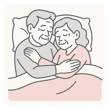 Make the couple look older with visible signs of age such as gray hair and gentle wrinkles, keeping the soft, peaceful, and cozy bed illustration style with warm and comforting colors. sticker