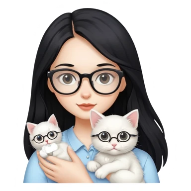 Beautiful girl with long black hair and glasses holding a white kitten sticker