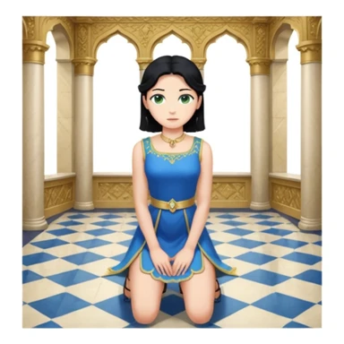 King, standing, black Hair, blue eyes, female Servoamt, blonde, green eyes, shott white sleveless Dress, kneeling, background palace sticker