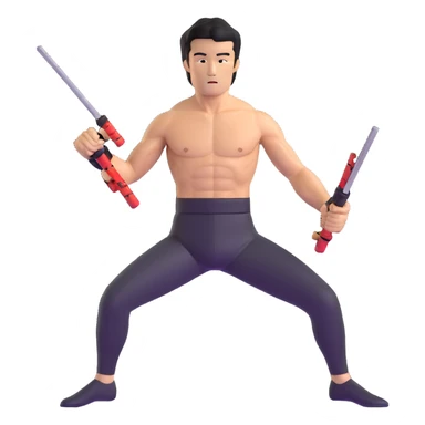 Bruce Lee with nunchaku, martial arts pose, shirtless with toned muscles sticker