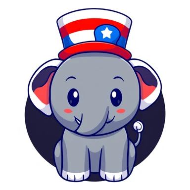 cute red elephant, simple flat design, round shape, patriotic top hat, cartoon sticker style sticker