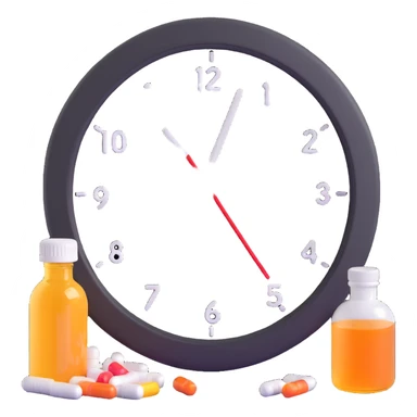 wall clock with pills around it and a syrup bottle sticker