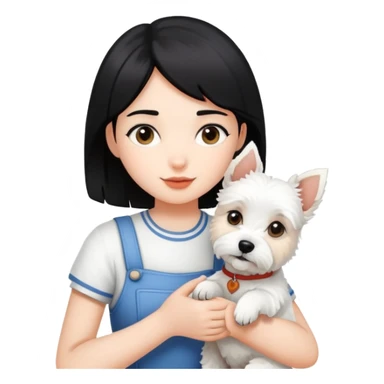 A black-haired girl holding a white terrier sticker