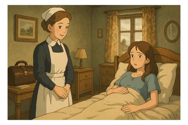 A british midwife from the 1940s standing at the bedside of a pregnant young mother who is about to give birth.  The room is from the 1940s and the midwife has her medical bag on a table on the side. sticker