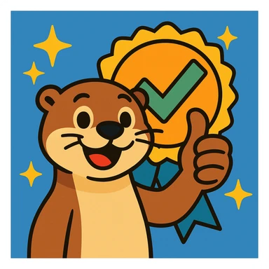 otter giving a thumbs up, surrounded by stars and an approval badge in the background, playful style sticker