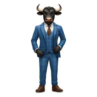 Black Bull with horns standing up wearing blue plaid 3 piece suit with brown leather shoes sticker