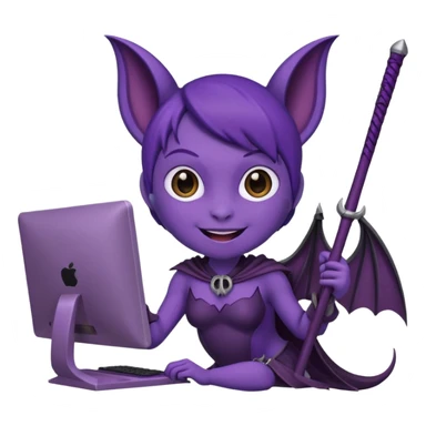 a happy purple girlie bat holding a scythe while sitting in front of her computer sticker