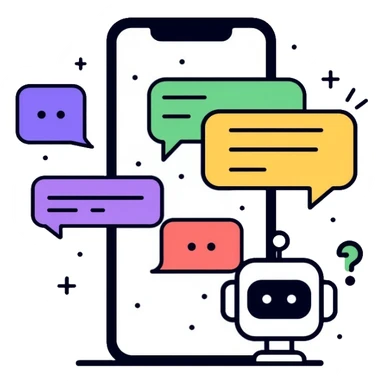 iPhone displaying WhatsApp interface with chat bubbles and a robot icon representing AI bot conversation sticker