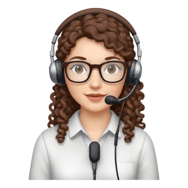 White female  Long Brown curly hair  Dark brown eyes  Small Square glasses  Headset with microphone sticker