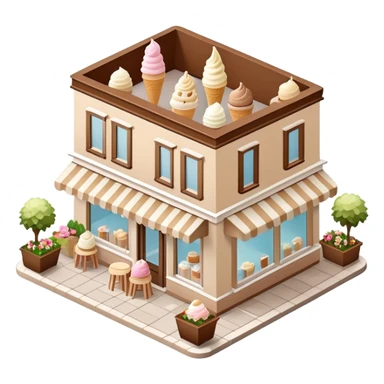 Isometric exterior little brown, beige, and white gelato ice cream shop, dollhouse style 3D realistic  sticker