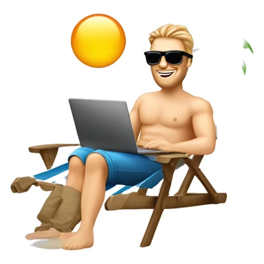 happy caucasian man in sunglasses working on laptop in beach chair, palm tree sticker
