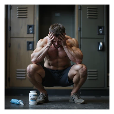 Powerlifter in locker room, sitting with head in hands, frustrated and painful expression, bottle of Stanozololo and ice pack nearby, suffering atmosphere, realistic details, locker room background sticker