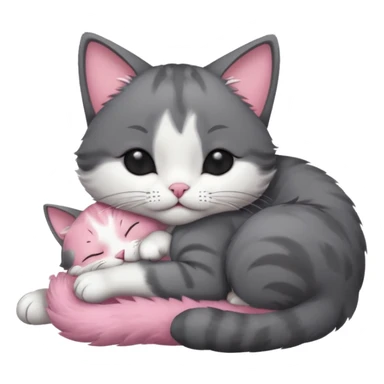 dark grey and white small cat with his eyes closed, leaning his head on his paw while leaning on his elbow lying down sticker