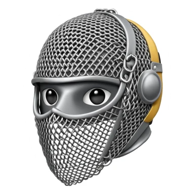 3D render oFencing Mask, made of interlocking chainmail metal rings, wire mesh texture, visible holes and negative space, metallic silver and grey, high contrast shadows, emoji style, isolated on white background --v 6.0. sticker