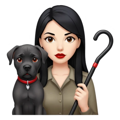 woman with long black hair and red lips next to a black Cane Corso dog with cropped ears and short tail sticker