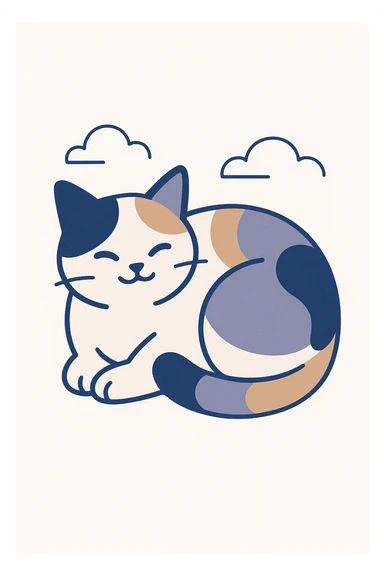 a three colour cat with calico pattern, curled up, adorable, white background sticker