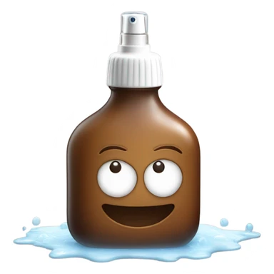 brown glass spray bottle with white top spraying small droplets of water from POV of sprayer sticker