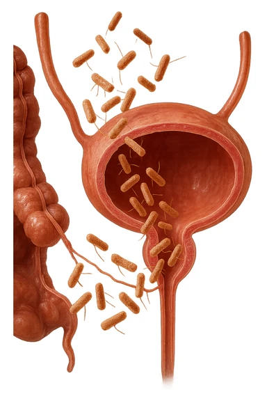 batteri intestinali che migrano ed entrano in una vescica anatomica realistica per infettarla, iperrealistico 4k sticker