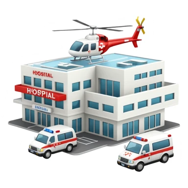 3d hospital outside, with text hospital, ambulance, helicopter , no background sticker