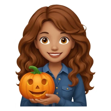 Cozy mixed girl with long wavy brown hair dressed for fall holding a pumpkin  sticker