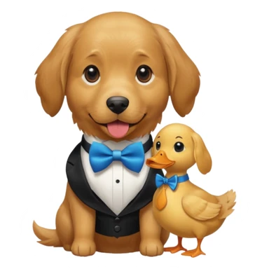 A dog holding keys in one hand and a duck in the other, all with a half-red, half-blue bow tie. sticker