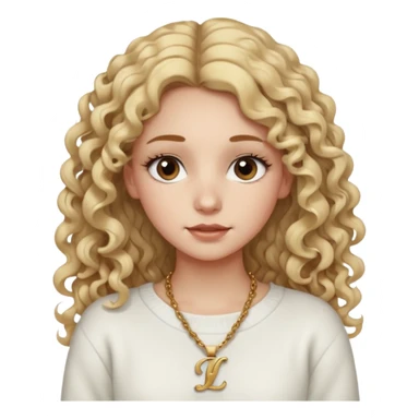 a dirty blonde girl with brown eyes and make her wearing a white sweater and a smallnecklace with I intial with really long curly hair and white skin color, long hair and really big lashes sticker