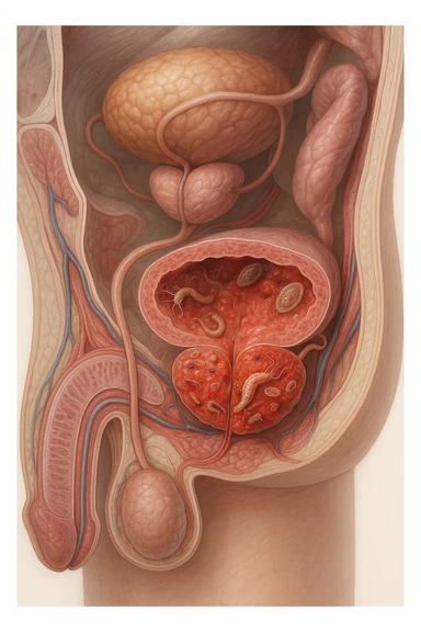 Vertical, hyper-realistic 3D cutaway illustration: the human body is shown in semi-transparent layers, exposing various types of problemi alla prostata a causa dei parassiti sticker