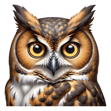 Cinematic Cute Great Horned Owl Portrait Emoji, Head tilted playfully and inquisitively, featuring a lush mottled Fur with intricate patterns of gray and white, round, sparkling golden eyes filled with curious wonder, Simplified yet irresistibly adorable features, highly detailed, glowing with a warm, friendly glow, high shine, affectionate and wise, stylized with a touch of nocturnal whimsy, bright and endearing, soft glowing outline, capturing the essence of a mischievous yet loving owl, so playful it feels like it could glide out of the screen and perch in your arms! sticker